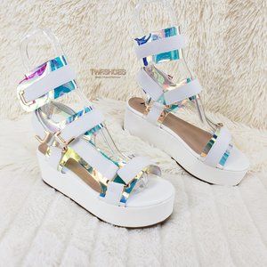 White Faux Leather Blue Hologram 2" Platform Harness Strap Sandals COMFY